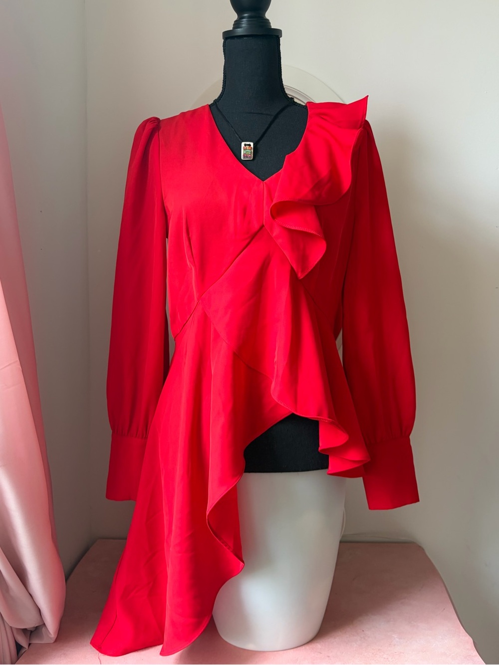 Lea & Viola Vibrant Red Asymmetric Ruffle Blouse